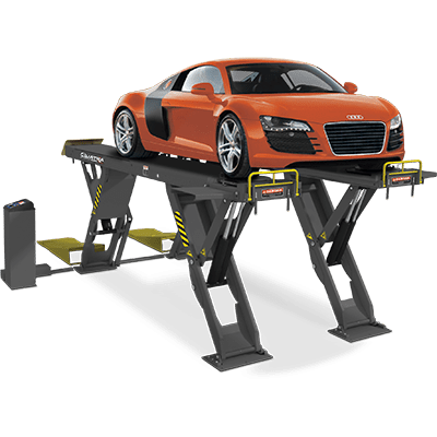 The Quatra™ specialty lift offers 12,000 lbs. of vertical lifting power. This amazing design permits easy, unobstructed access from the front, back and sides. Its post-free structure utilizes quad-opposing scissor car lift design. There's virtually zero radial shift, so it fits well crowded spaces.