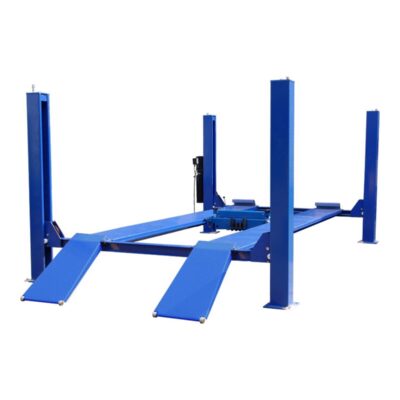 Cable driven four post lift provides 12,000 lb. lifting capacity. No power beam; Cylinder stowed under single piece diamond plate track. Simple, lever release system and redundant safety locks.