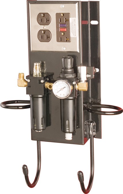 Challenger’s column-mounted air/electric workstation places air supply and electric outlets conveniently within technician’s reach on a lift column.  The kit includes a filter, lubricator and regulator and allows air pneumatic tools such as impact wrenches to be kept always within arms reach.