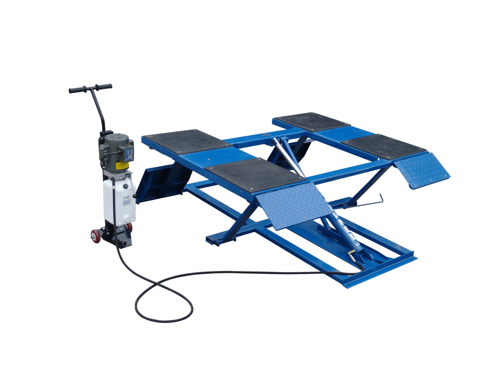 Easy frame lifting on padded runways. Great for wheel and brake work, tire and wheel changing as well as new car preparation.