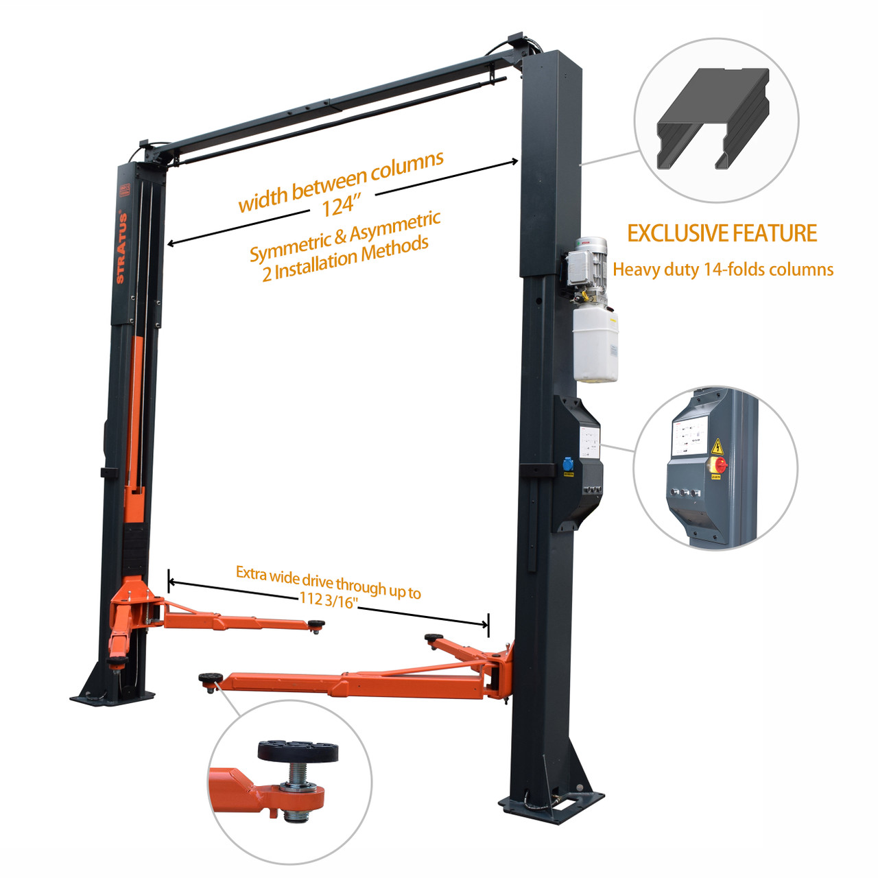 This clear floor two-post lift comes with electric safety lock release design, easy to operate and maintain. It is suitable to hold 10,000 lbs. or less, ideally for inspection, repair and maintenance of various types of vehicles