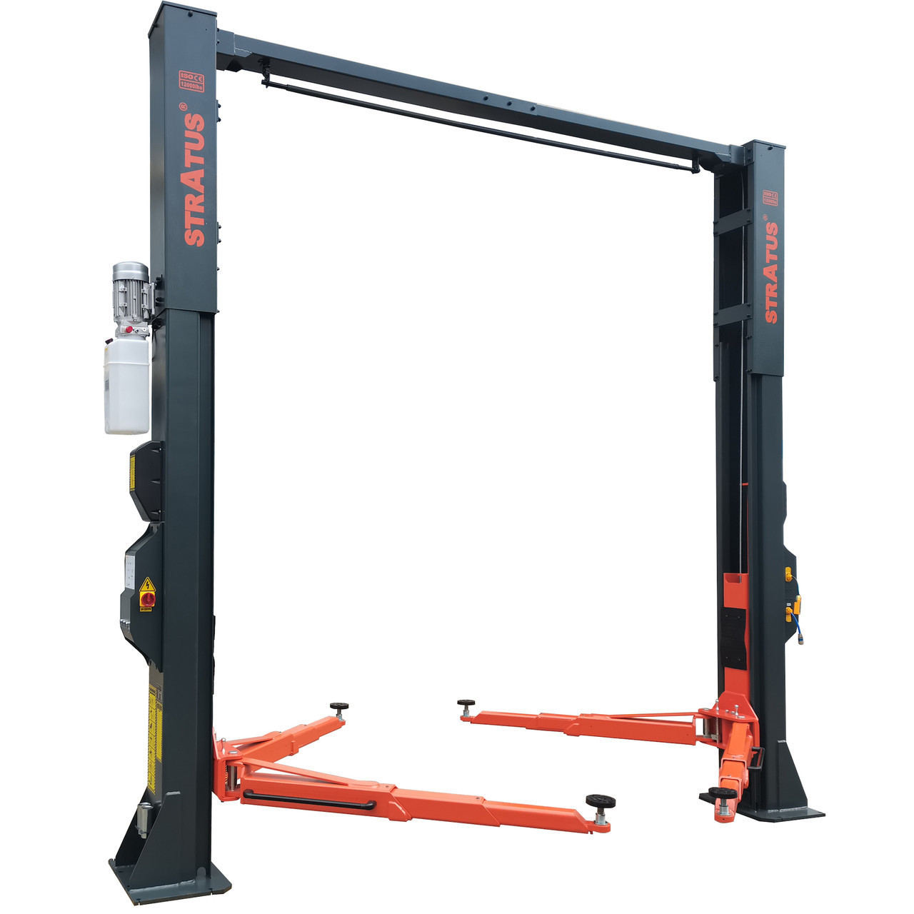 This two-post clear floor car hoist comes with electric safety lock release design, easy to operate and maintain. It is suitable to hold 12,000 lbs. or less, ideally for inspection, repair and maintenance of various types of vehicles.